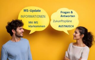 zwei Menschen unterhalten sich, dargestellt durch Sprechblasen, über MS