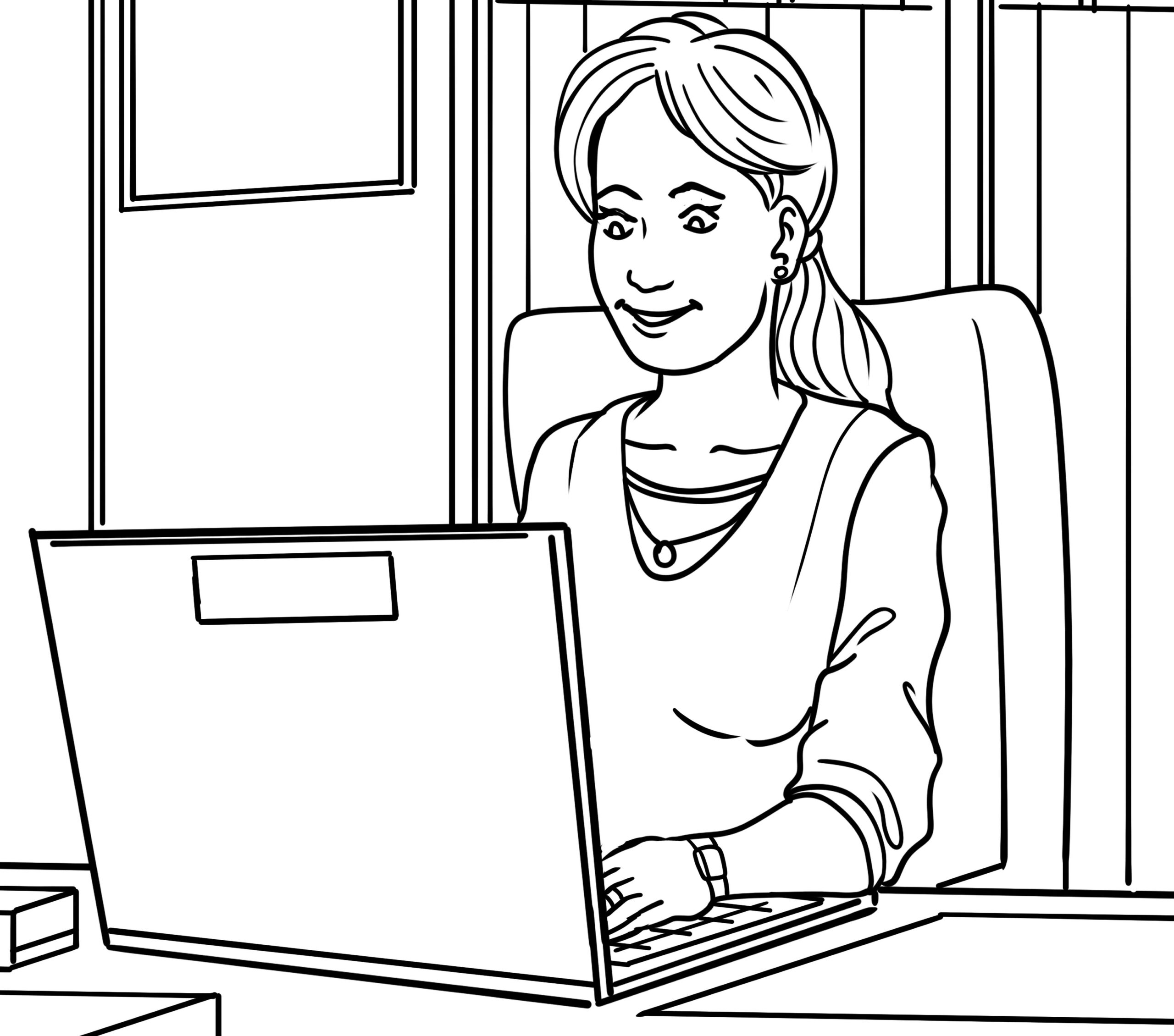 Illustration schwarz-weiß Frau an Laptop